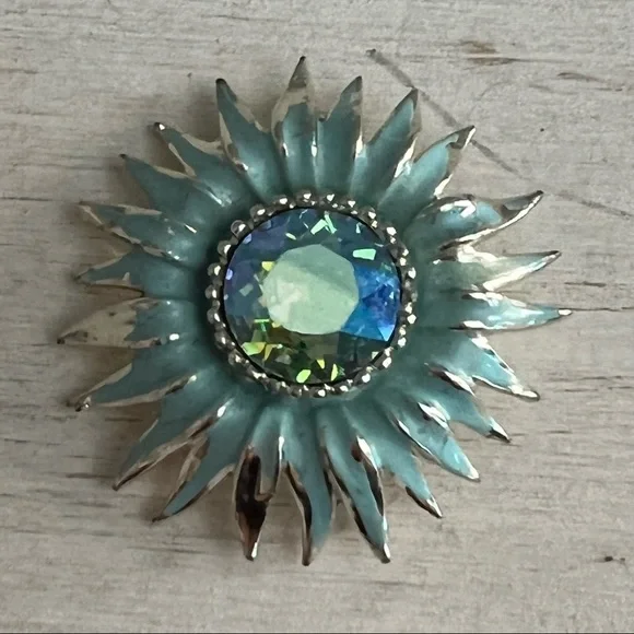 Weiss Vintage Light Blue Enamel AB Rhinestone 1940s Brooch and Earrings Set - Picture 2 of 16